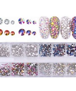 3 μεγέθη Κρύσταλλα Clear Crystal, Blue Flame, Silver AB & Colorful Flame για διακόσμηση νυχιών σε κασετίνα - 2.040 τμχ.  / ALOHA Nails & Cosmetics